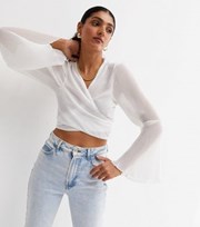 New Look Off White Chiffon Plisse Sleeve Wrap Crop Top